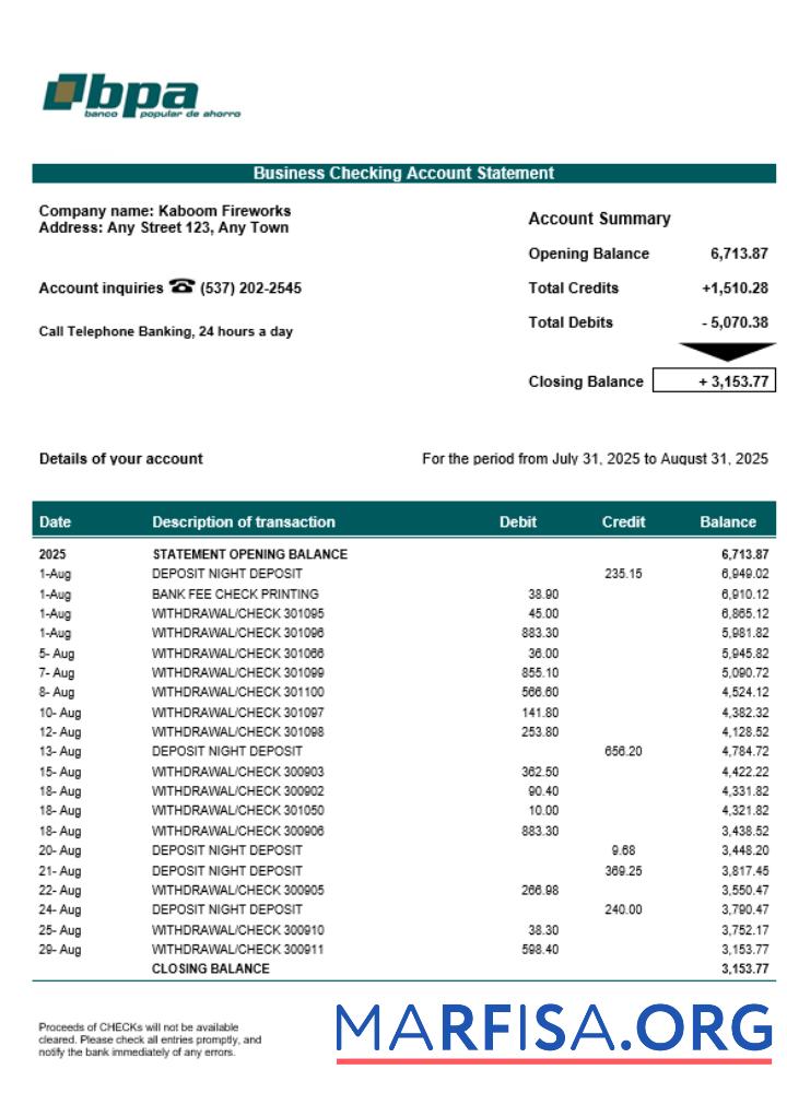 Realistic Cuba Banco Popular de Ahorro (BPA) company statement Word and PDF format sample